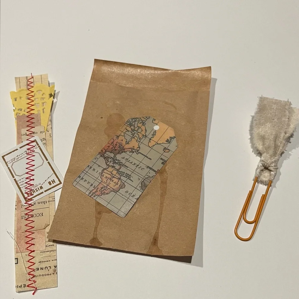 Brown paper envelope, Rustic Paper Clip with Fabric Accent,paper ephemera strip